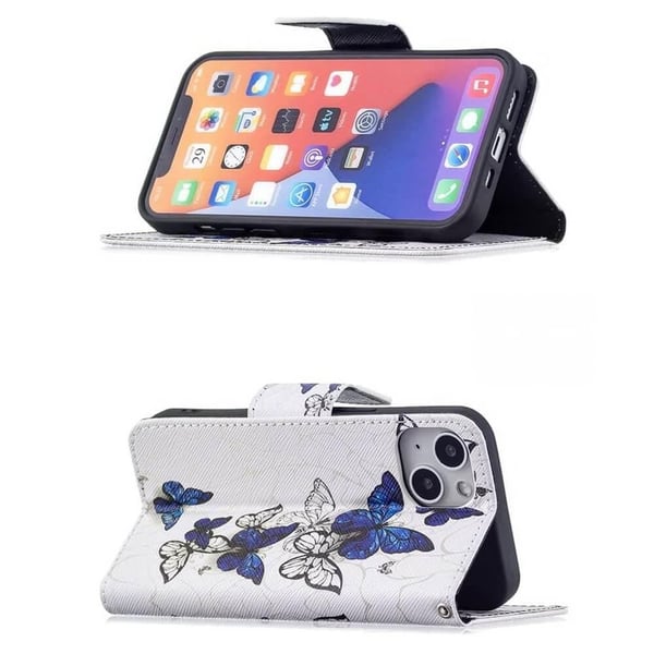 Pung Etui iPhone 14 Plus – Blå og Hvide Sommerfugle