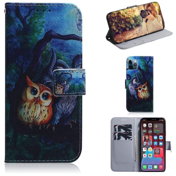 Lompakkokotelo iPhone 14 Pro - Pöllöt Kuunvalossa