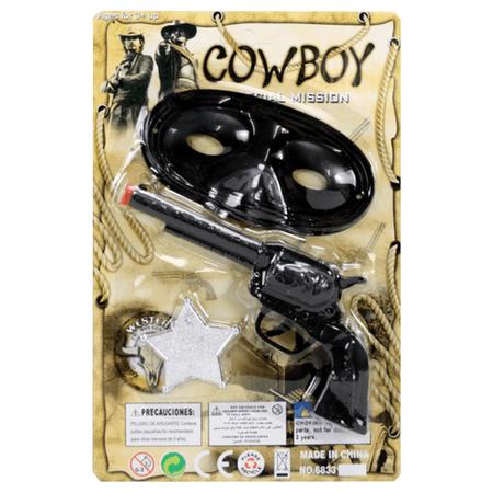 Cowboy set med Pistol 20 cm lång, ögonmask och glänsande sheriffmärke.