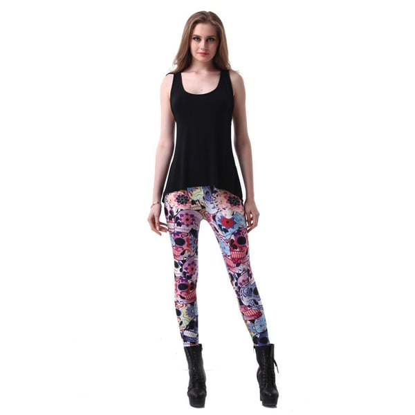 Färgglada Dödskallar med Blommor Leggings