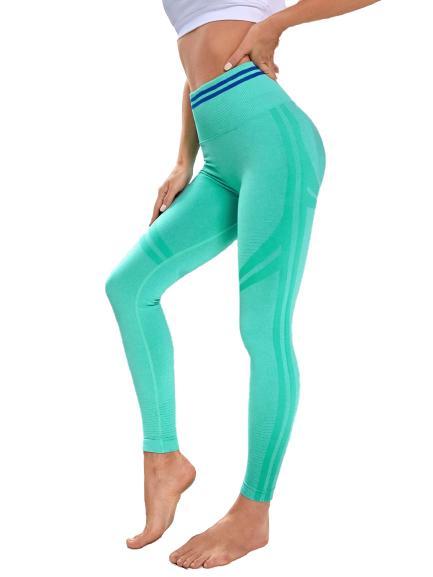 Seamless Sport Yoga Gröna Leggings med blå ränder
