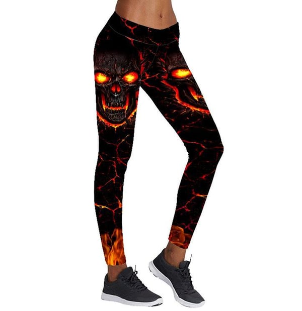 Svarta Leggings Med Dödskallar Med Eld Svarta Leggings Med Dödskallar Med Eld