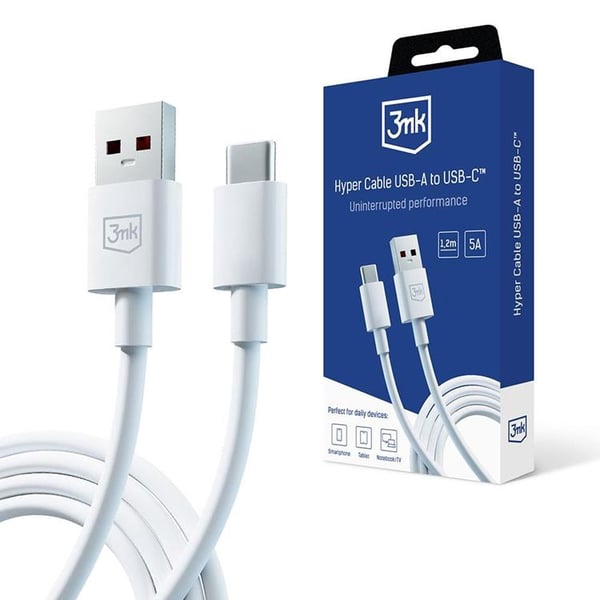 3mk Hyper USB-C till USB-A kabel 1.2m - Vit