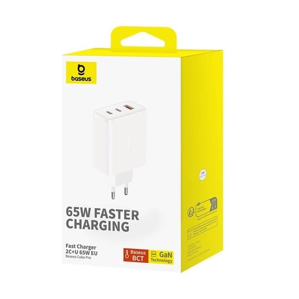 Baseus GaN Väggladdare 2x USB-C Till USB-A 65W Cube Pro - Vit