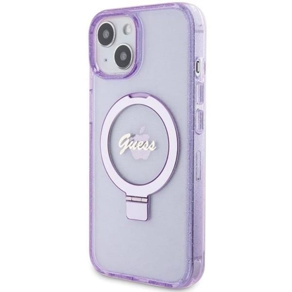Guess Mobilskal till iPhone 15/14 Plus Magsafe Ringställ Script Glitter - Lila