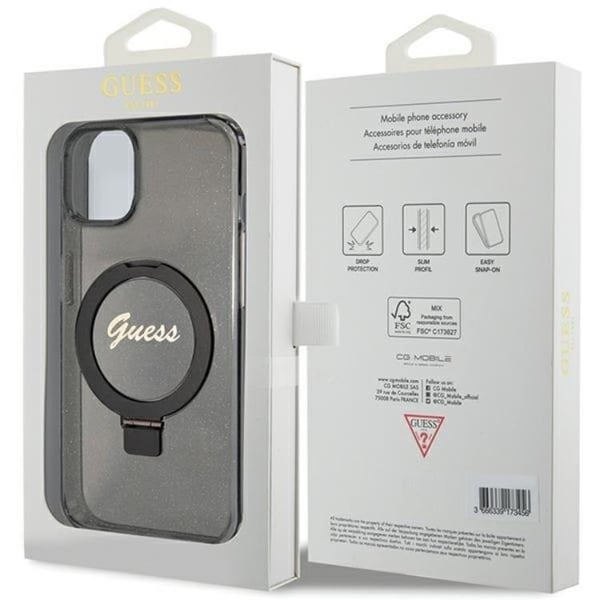 Guess Mobilskal till iPhone 15 Magsafe Ringställ Script Glitter - Svart