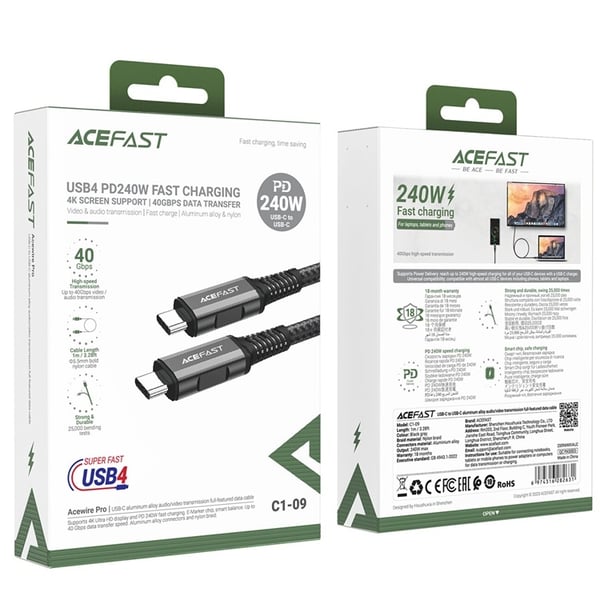 Acefast USB-C till USB-C kabel 1m PD240W - Svart