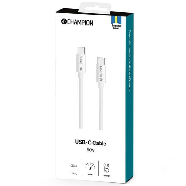CHAMPION USB-C til USB-C Kabel 60W 3m - Hvid