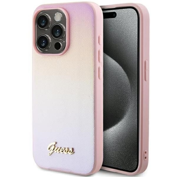 Guess Mobilskal till iPhone 15 Pro Saffiano Iridescent Script - Rosa