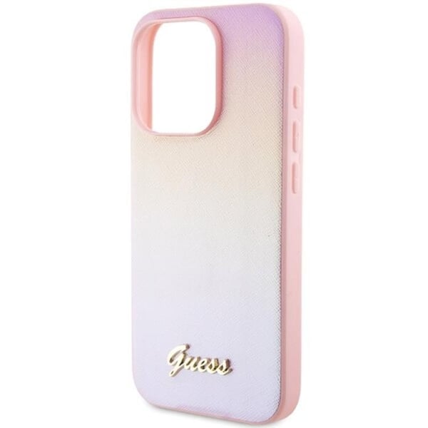 Guess Mobilskal till iPhone 15 Pro Max Saffiano Iridescent Script - Rosa