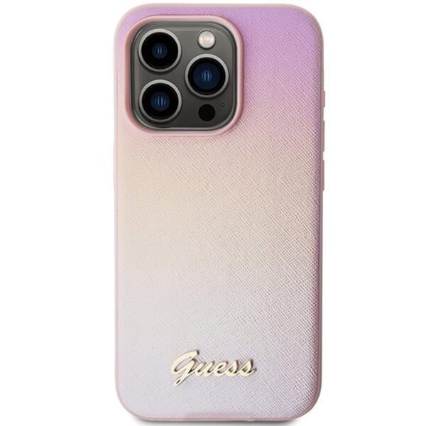 Guess Mobilskal till iPhone 14 Pro Max Saffiano Iridescent Script - Rosa