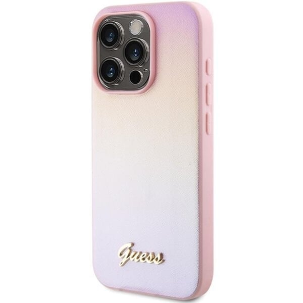 Guess Mobilskal till iPhone 14 Pro Max Saffiano Iridescent Script - Rosa