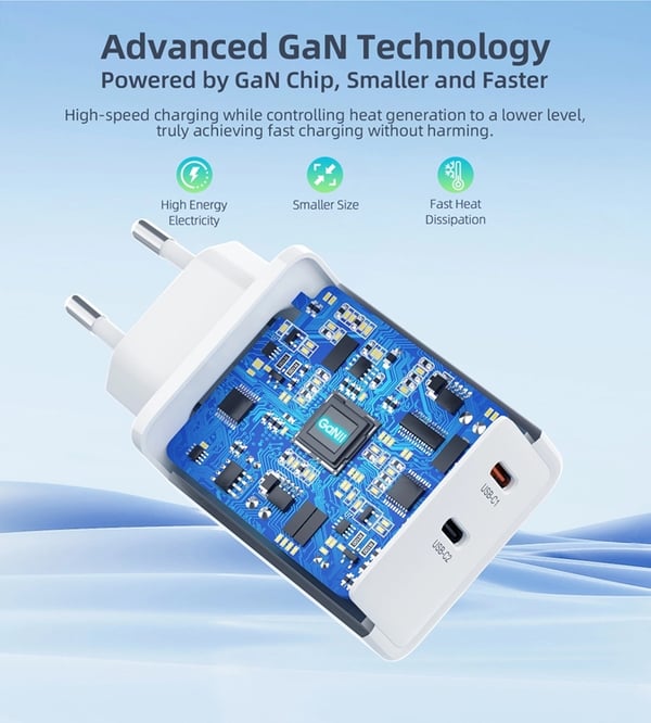 Choetech Seinälaturi 65W GaN 2xUSB-C - Valkoinen