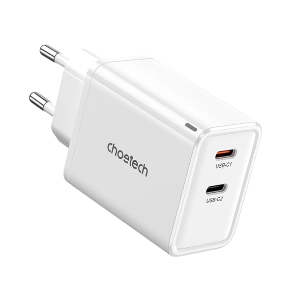 Choetech Seinälaturi 65W GaN 2xUSB-C - Valkoinen