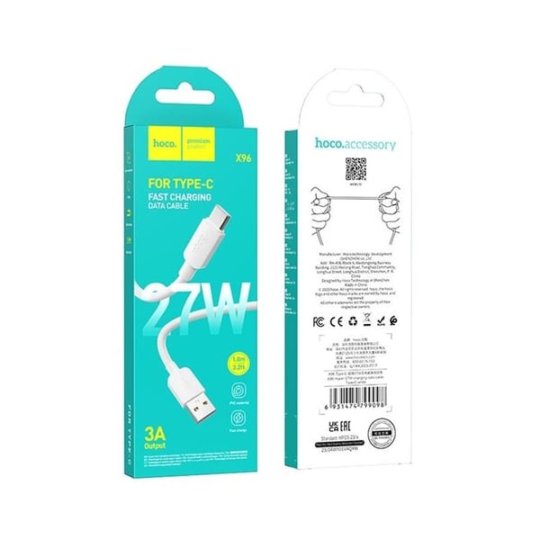 Hoco USB-C–USB-A-kaapeli 1m 27W - Valkoinen