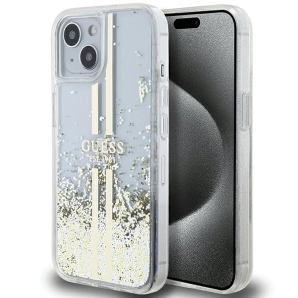 Guess Mobilskal till iPhone 15/14 Plus Liquid Glitter Gold Stripes