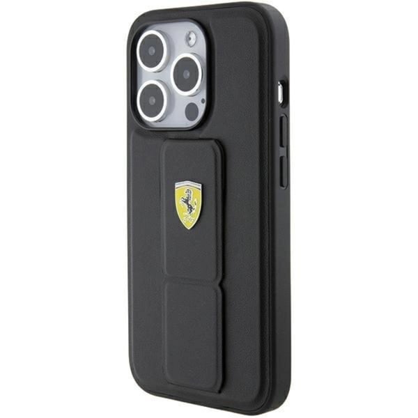 Ferrari Mobilskal till iPhone 15 Pro Grip Stand Metal Logo - Svart