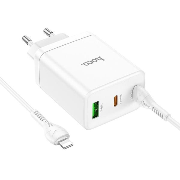 Hoco Väggladdare 35W 2xType C - USB A med Typ-C to Lightning Kabel 1m