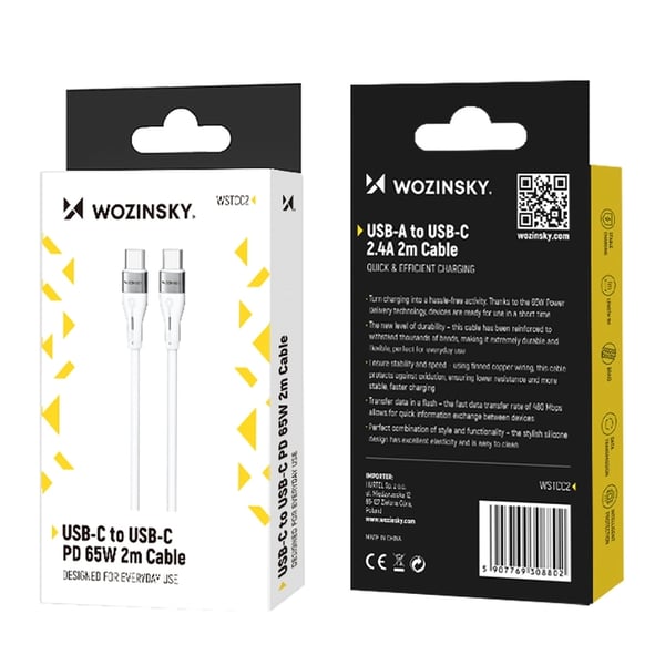 Wozinsky USB-C til USB-C Kabel PD 65W 2m - Hvid