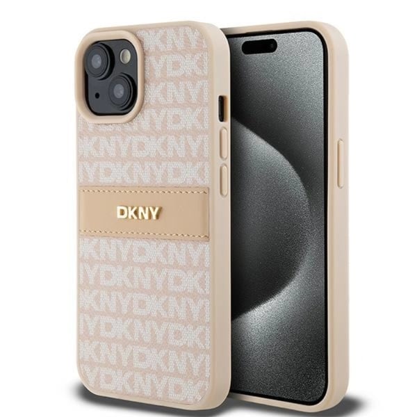 DKNY Mobilskal till iPhone 15/14 Plus Läder Mono Stripe & Metal Logo