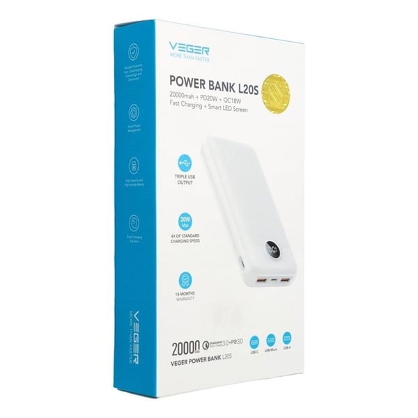 VEGER Powerbank 20000 mAh PD QC 3.0 2A 20W L20S - Vit