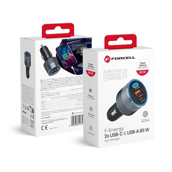 Forcell 85W autolaturi 2xUSB-C 1xUSB-A F-Energy - Musta