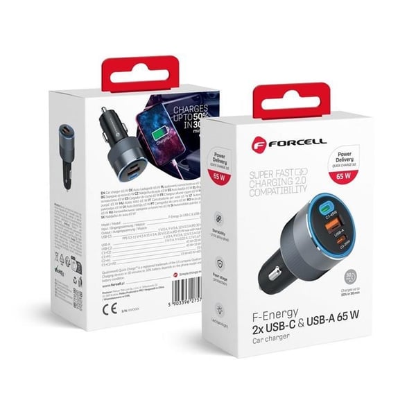 Forcell 65W autolaturi 2xUSB-C 1xUSB-A F-Energy - Musta
