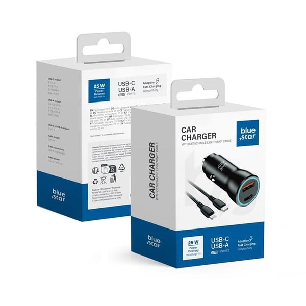 Blue Star Billaddare 25W USB C + Kabel USB-C Till Lightning - Svart