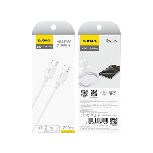 Dudao L4C USB-C till USB-C kabel 30W 2m - Vit
