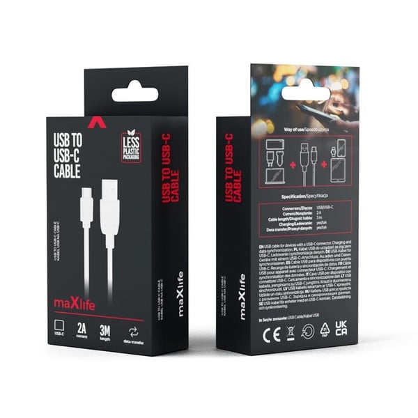 Maxlife USB-A Till USB-C Kabel 3m 2A - Vit