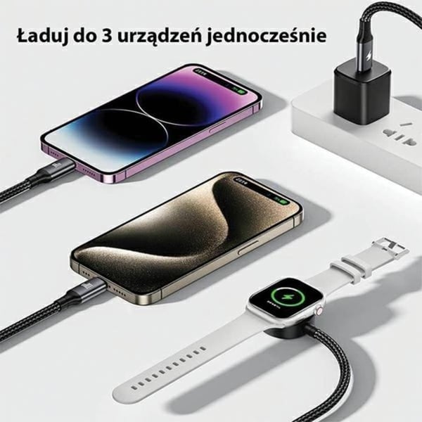 Awei 3in1 USB-C til Apple Watch Oplader USB-C Lightning-kabel - Sort