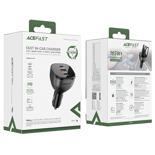Acefast Billaddare 165W 2x USB-C/1x USB-A - Svart