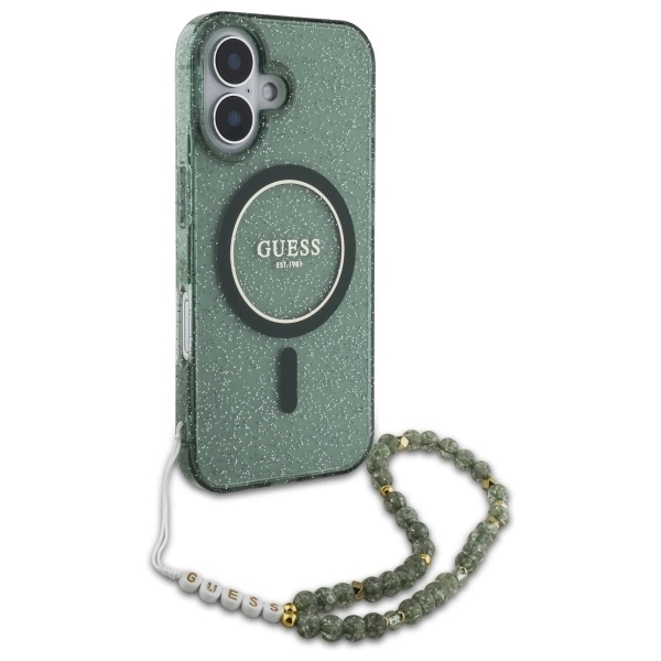 Guess Mobilskal till iPhone 16 Plus MagSafe IML Glitter Med Strap - Grön