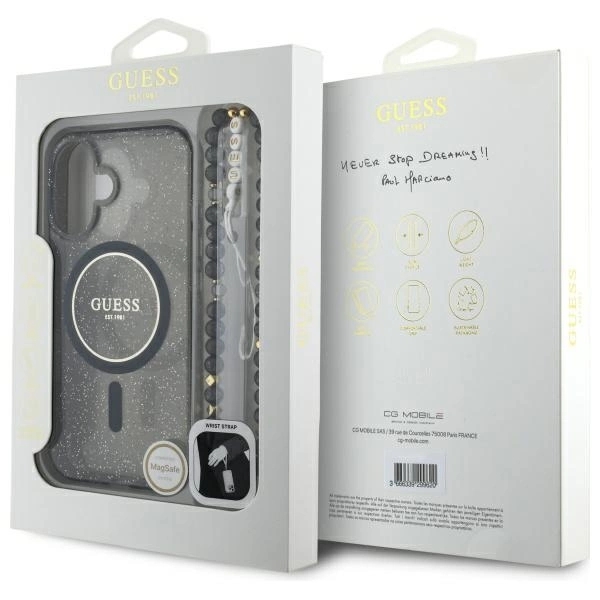 Guess Mobilskal till iPhone 16 MagSafe IML Glitter Med Strap - Svart