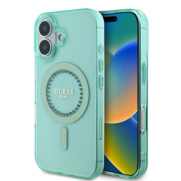 Guess Mobilskal till iPhone 16 Plus MagSafe IML Rhinestones - Grön