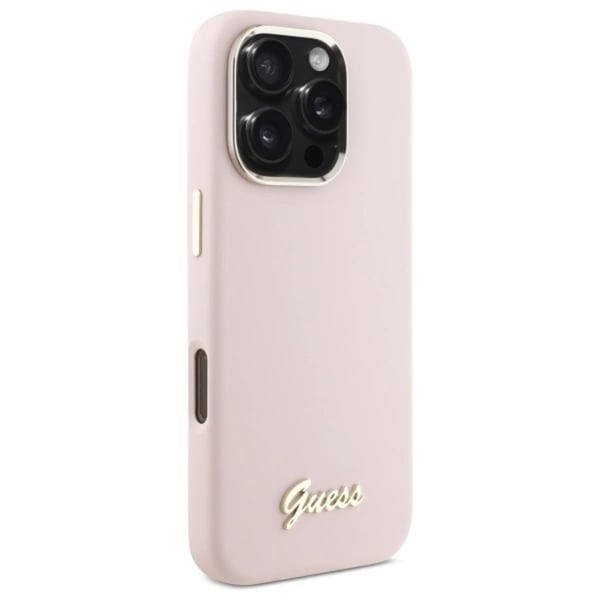 Guess Mobilskal till iPhone 16 Pro Max Silikon Script Metal Logo - Rosa