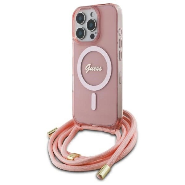 Guess Mobilskal till iPhone 16 Pro Max MagSafe Crossbody Cord Script - Rosa