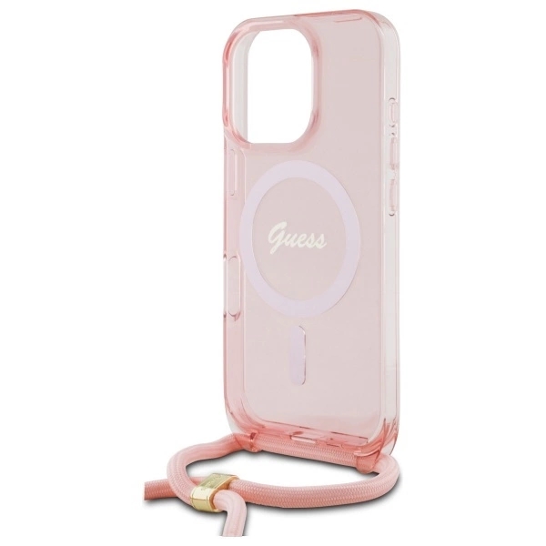 Guess Mobilskal till iPhone 16 Pro Max MagSafe Crossbody Cord Script - Rosa