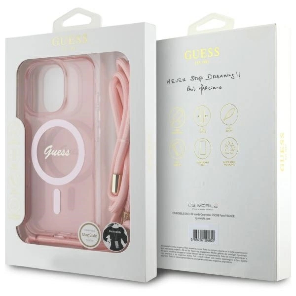 Guess Mobilskal till iPhone 16 Pro MagSafe Crossbody Cord Script - Rosa