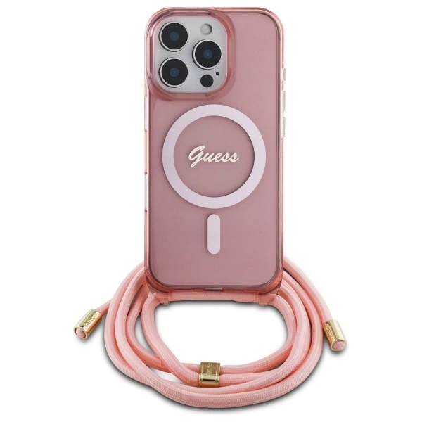 Guess Mobilskal till iPhone 16 Pro MagSafe Crossbody Cord Script - Rosa