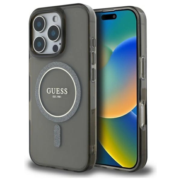 Guess Mobilskal till iPhone 16 Pro MagSafe IML Glitter Circle - Svart