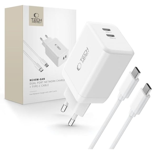 Tech-Protect NC45W-GAN 2-Port Snabbladdare PD 45W + Typ-C Kabel