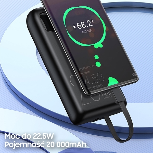 Awei Powerbank 20000mAh 22.5W m/USB-C/Lightning Kabel - Sort