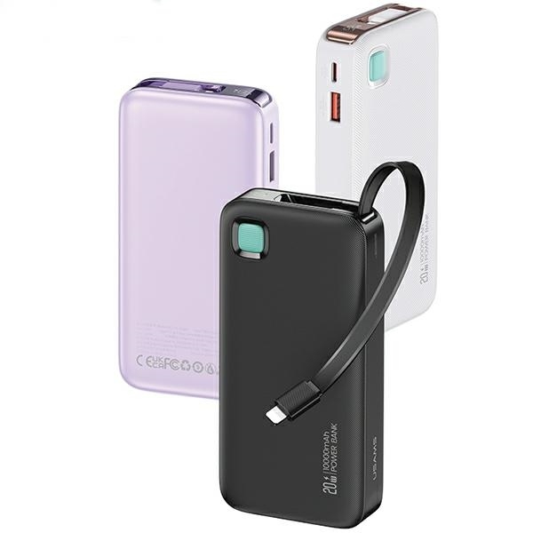 USAMS Powerbank 10000mAh 20W Med Lightning Kabel Retractable - Svart