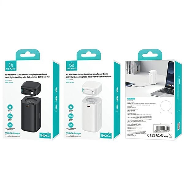 USAMS Powerbank 18000mAh 45W med lynkabel udtrækkelig - hvid