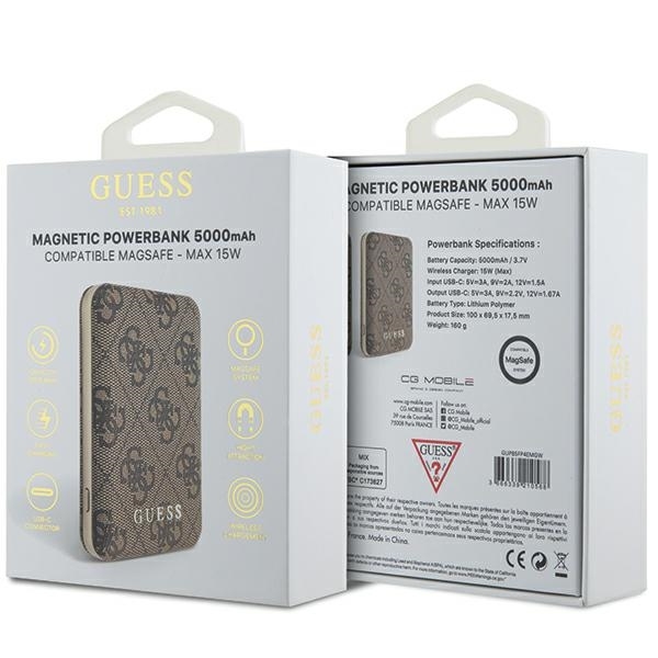 Guess Trådløs MagSafe Powerbank 5000mAh 15W 4G Metal Logo - Brun
