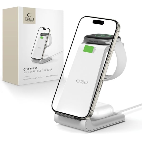 Tech-Protect 3-i-1 trådløs oplader til iPhone Apple Watch AirPods - hvid