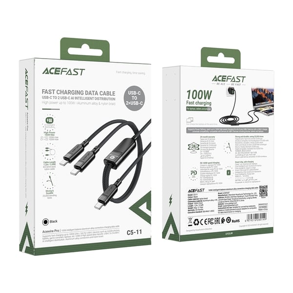 Acefast C5-11 2in1 USB-C/USB-C PD 100W -kaapeli 480Mb/s