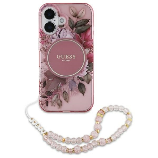 Guess Mobilskal till iPhone 16 MagSafe IML Flowers Med Pearl Strap - Rosa