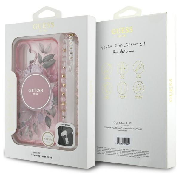 Guess Mobilskal till iPhone 16 MagSafe IML Flowers Med Pearl Strap - Rosa
